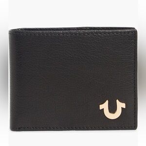 True Religion Men’s Aglet Slim Bifold Wallet - Black Leather, RFID